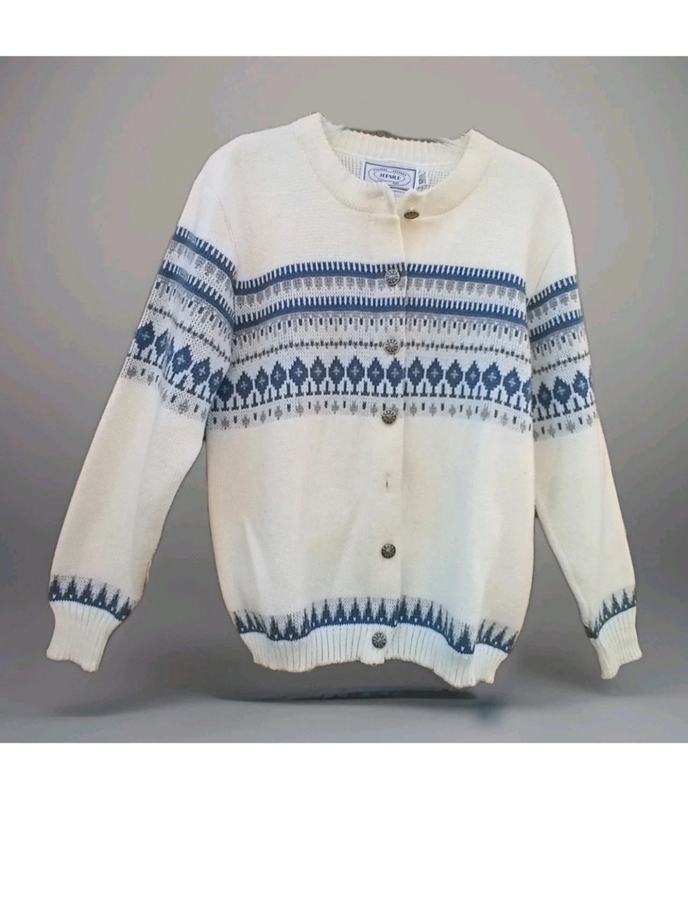 VINTAGE JERSILD NORDIC
CARDIGAN SWEATER UNISEX M
IVORY BLUE KNIT BUTTON
B3
